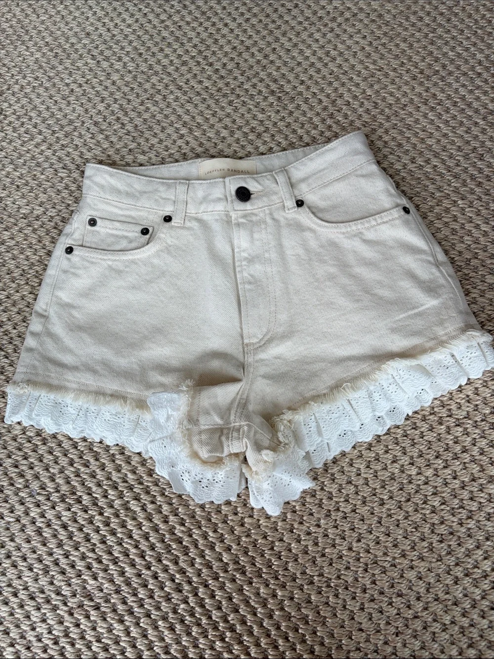 Loeffler Randall Cream Lace-Trim High-Rise Denim Shorts Kay Denim Shorts 00
